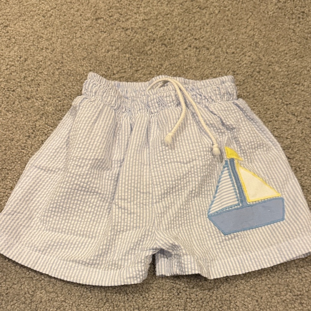 Seersucker blue and white stripe swim 2T